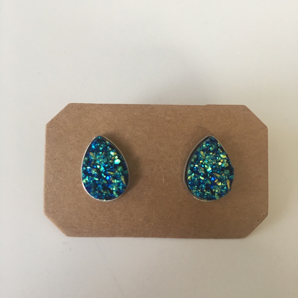 Peacock Druzy Teardrop Earrings Studs Posts