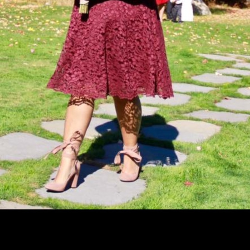 Tan suede wrap tie heels