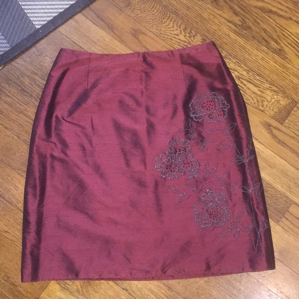 Ann Taylor Burgundy silk Skirt with Floral Beading