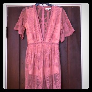 Honey Punch Blush Lace Romper Maxi