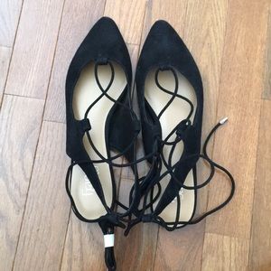 Black laced up suede flats/sandal