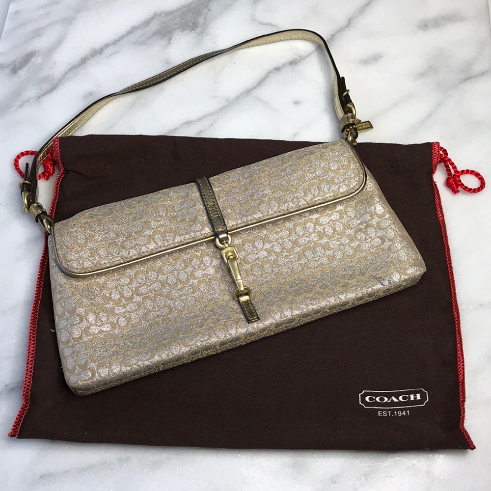 Gold and silver Coach logo shoulder bag