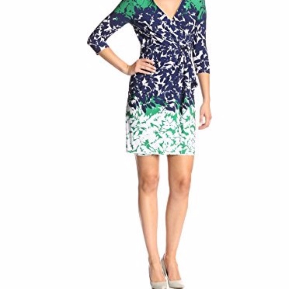 Navy Green & White Sandra Darren Wrap Dress
