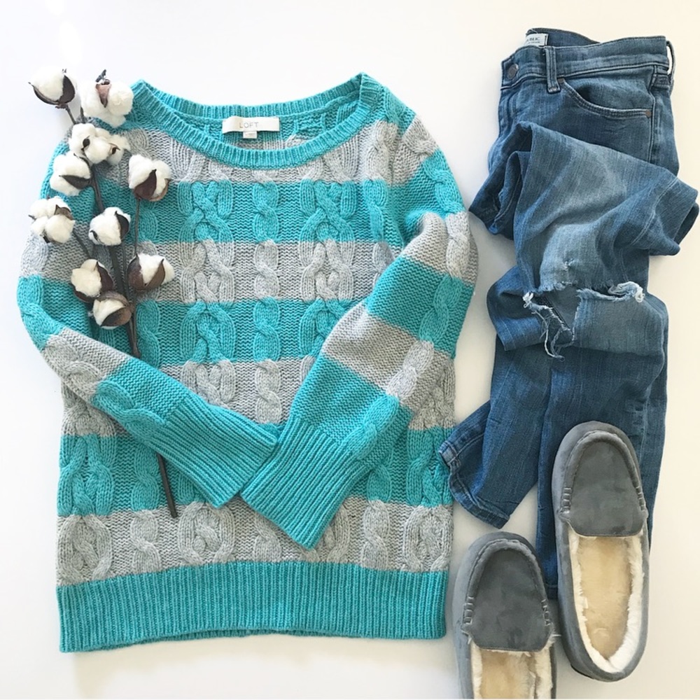LOFT teal grey stripe cable knit sweater M