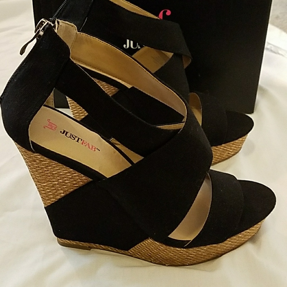 *SOLD* JustFab Black Crisscross Woven Wedges