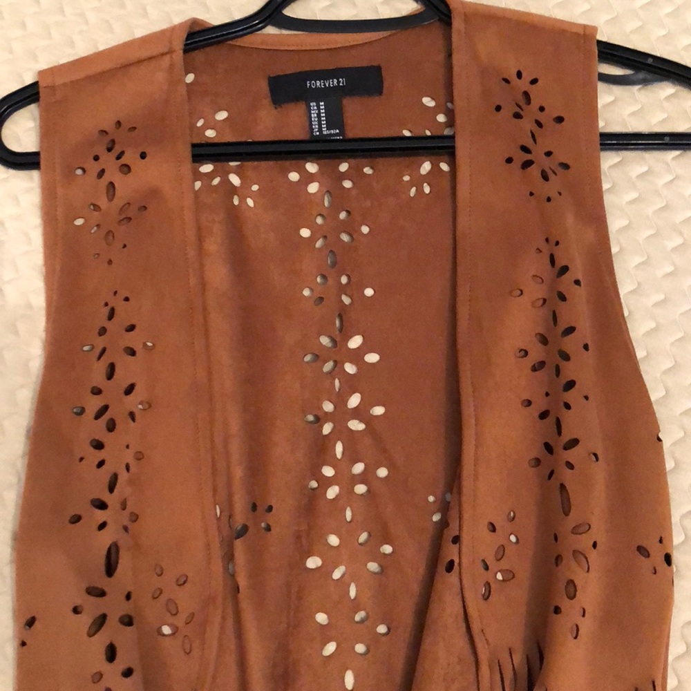 Suede open front fringe vest