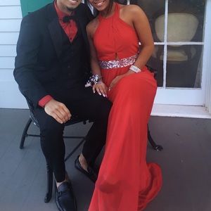Red halter-neck prom dress