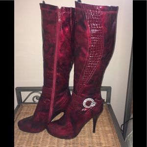 Gorgeous red marbled knee high boot