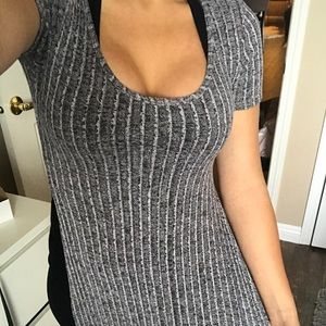 Grey Ribbed Long T-shirt with Slits Down Sides