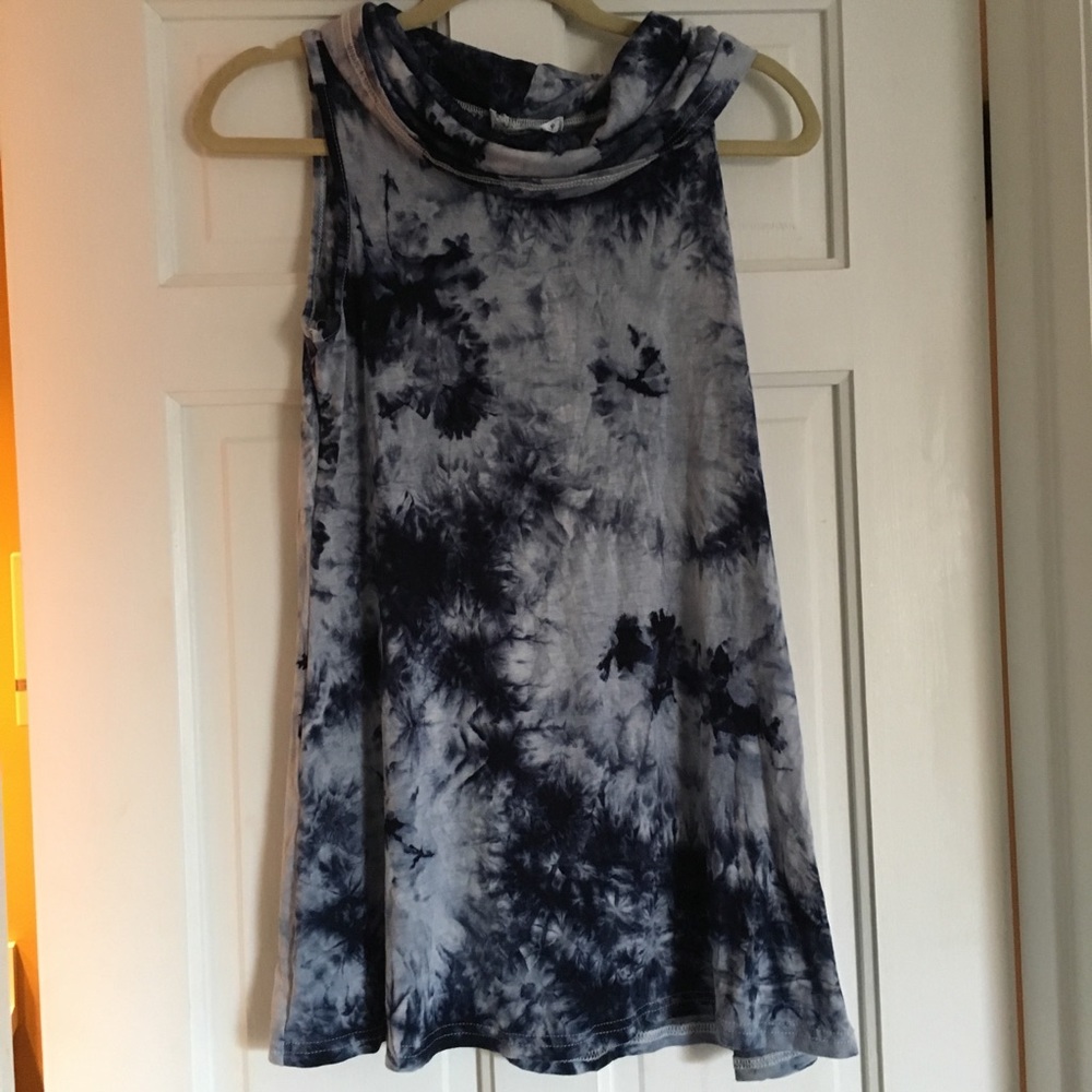 Blue Tie Dye Tunic Tank with Cowl Neck Detail