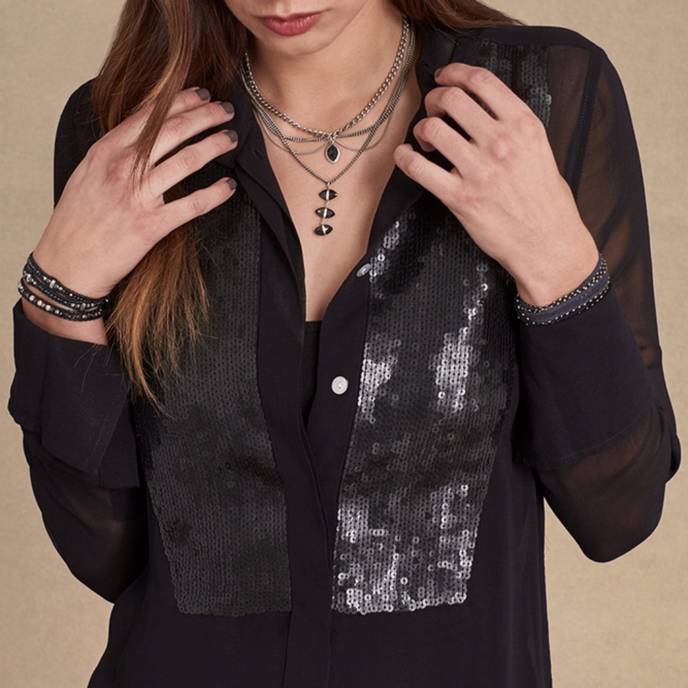 BLACK MATTE BLACK LONGLINE SEQUIN BLOUSE