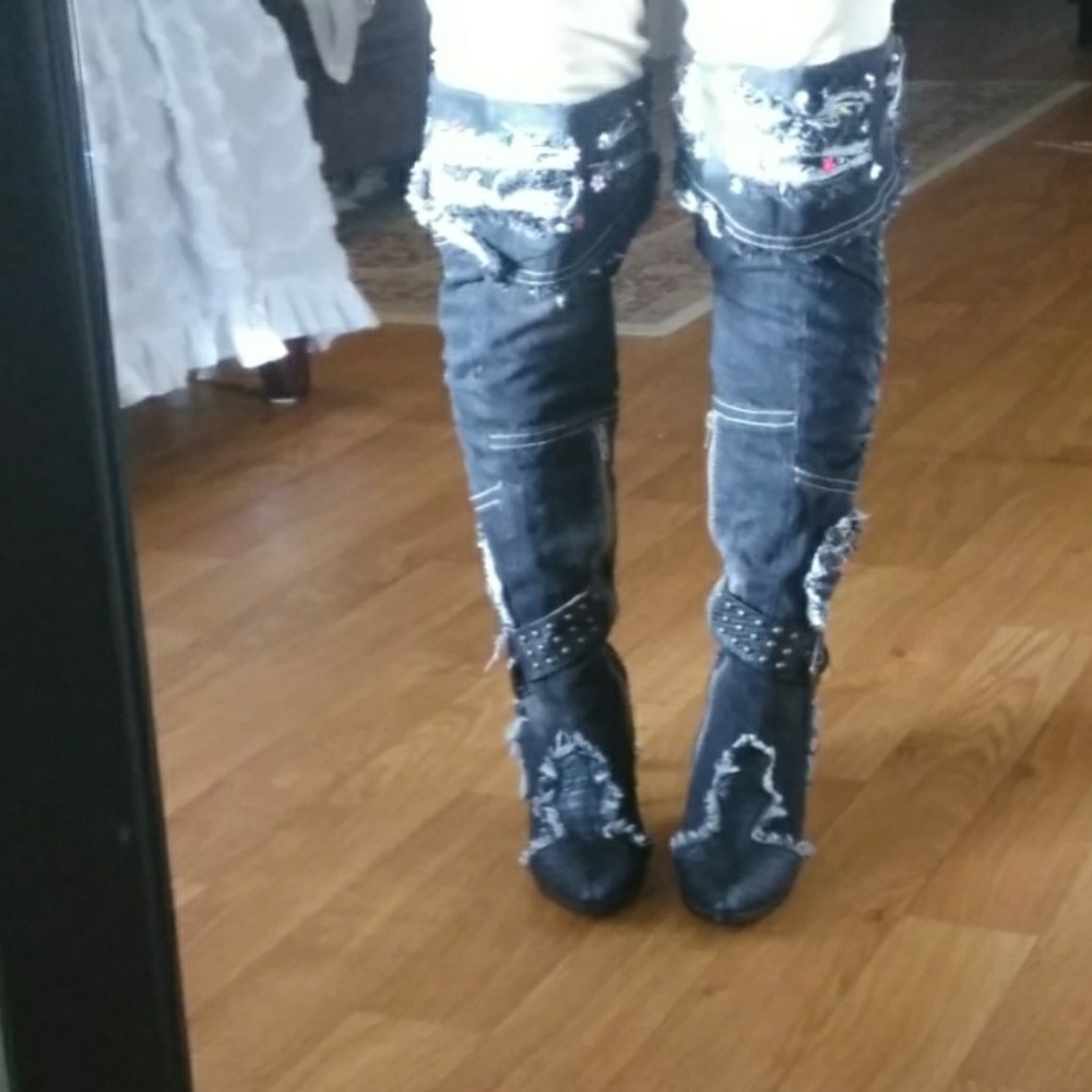 Denin  Distressed Over-the Knee Boots-