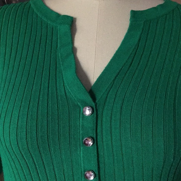 V neck green holiday sweater w/ rhinestone buttons - Picture 3 of 4