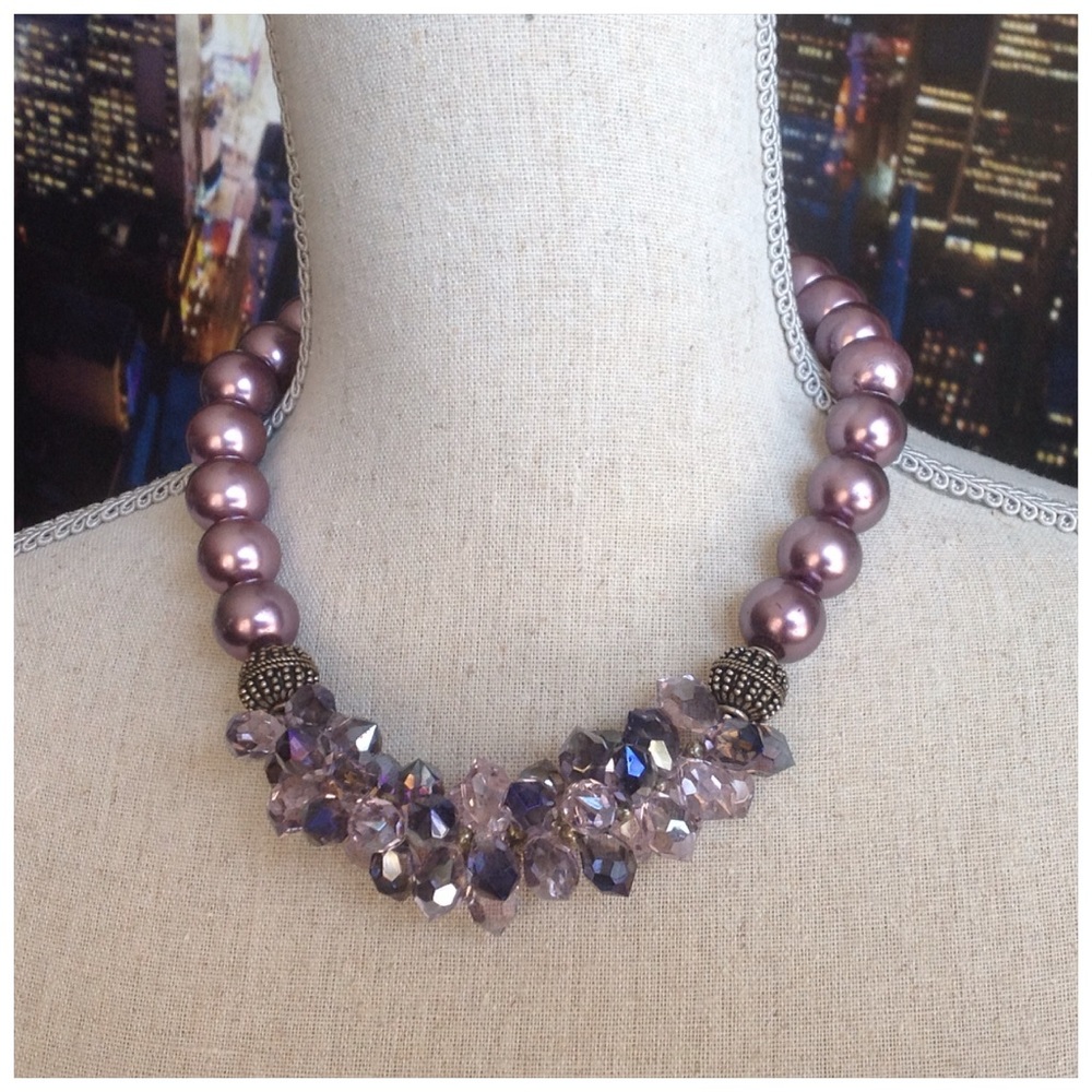 Purple Beaded Pearls Crystals Necklace - Picture 2 of 6