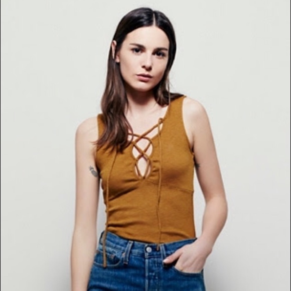 Free People lace up tank in gold, size Large