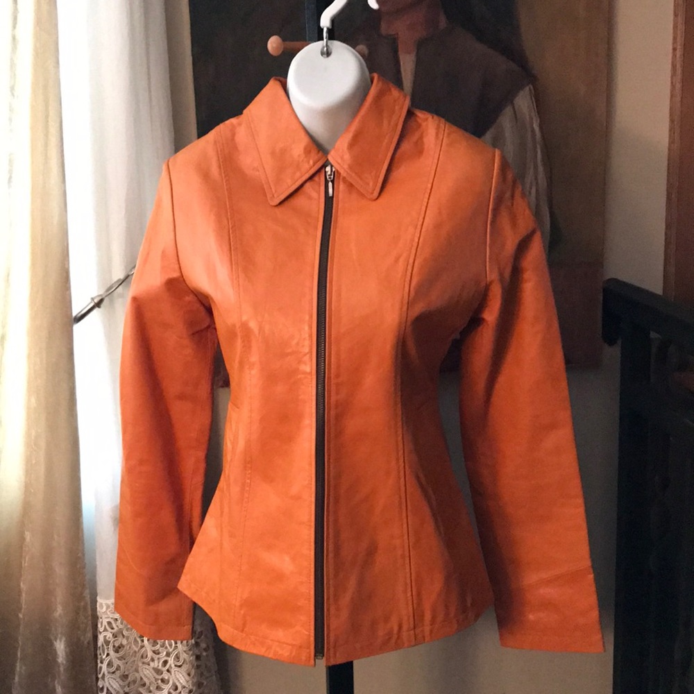 Cargo leather jacket coat S pumpkin fitted zipper