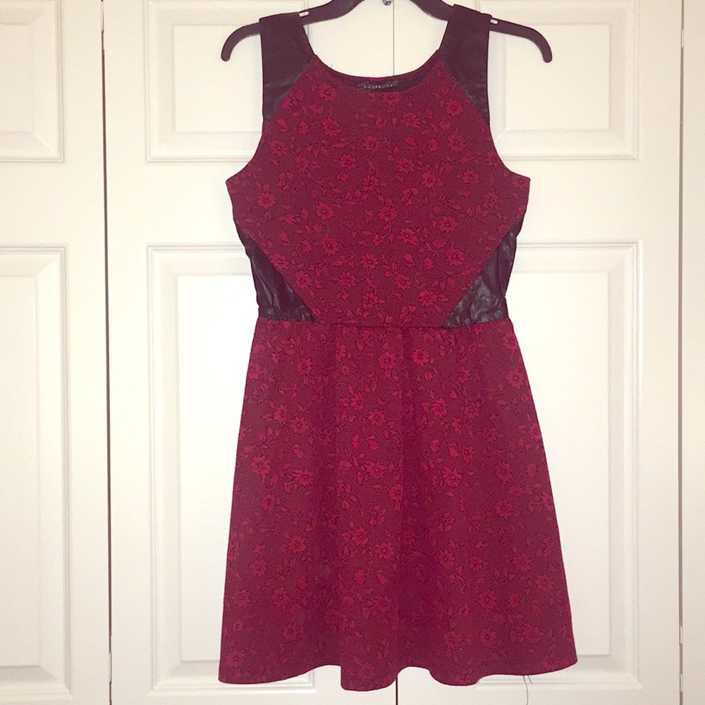Red floral patterned dress with leather detail