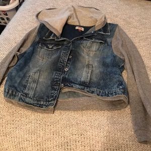 Jean jacket with grey hoodie