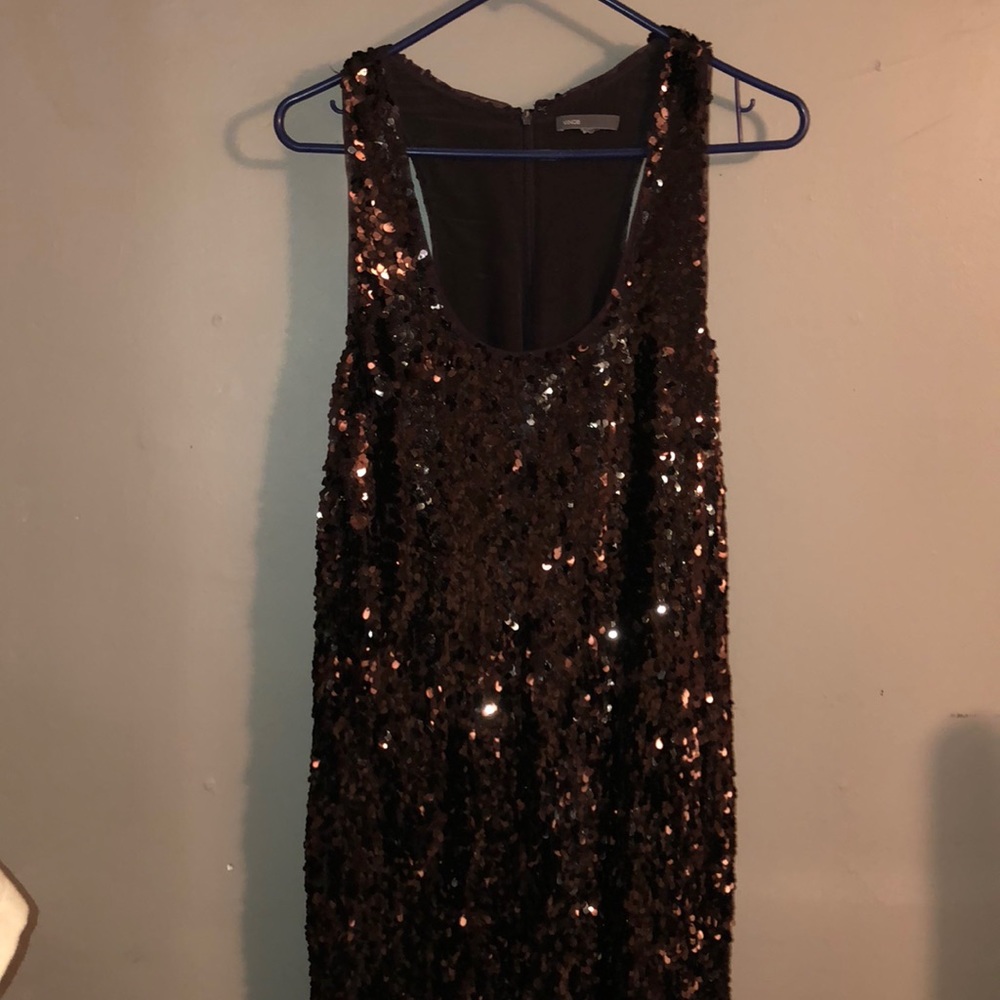 VINCE Brown Sequin Racerback Shift Dress