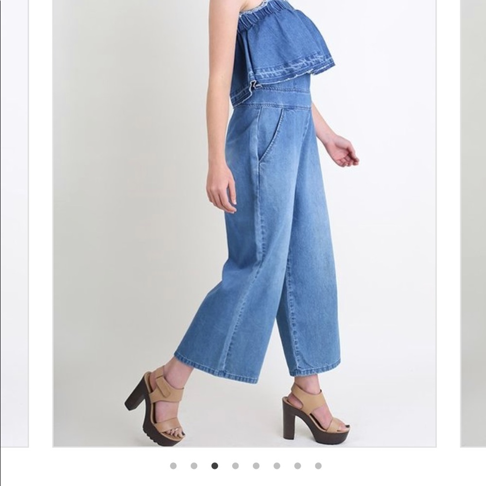 Off the Shoulder Denim Jumpsuit- DARK DENIM - Picture 6 of 7