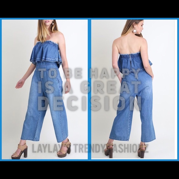 Off the Shoulder Denim Jumpsuit- DARK DENIM - Picture 4 of 7