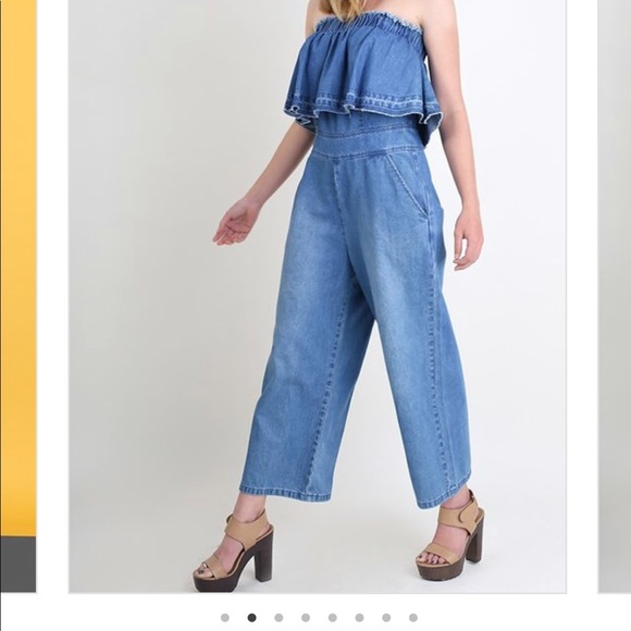 Off the Shoulder Denim Jumpsuit- DARK DENIM - Picture 5 of 7