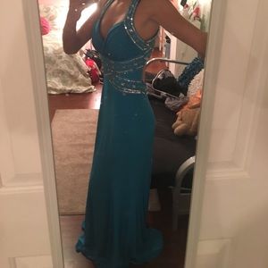 blue and silver sequined prom dress
