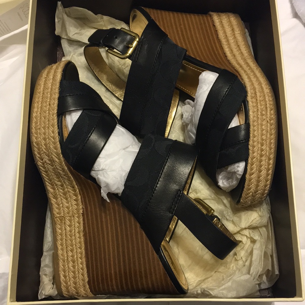 Coach open toe wedges with leather straps