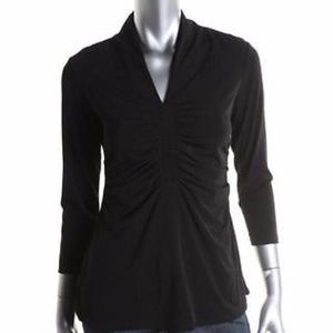 Casual Black Pleated High Collar V Neck 3/4 sleeve