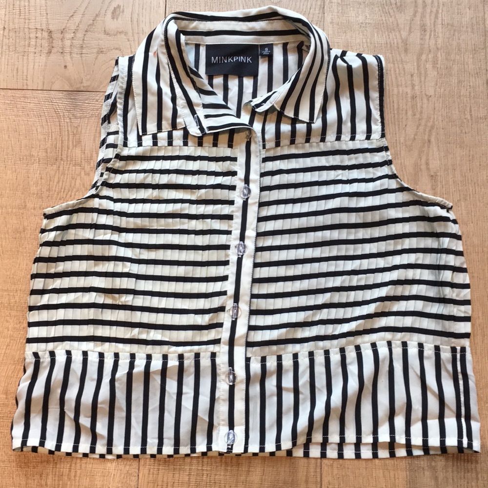 Striped, sleeveless, button up blouse