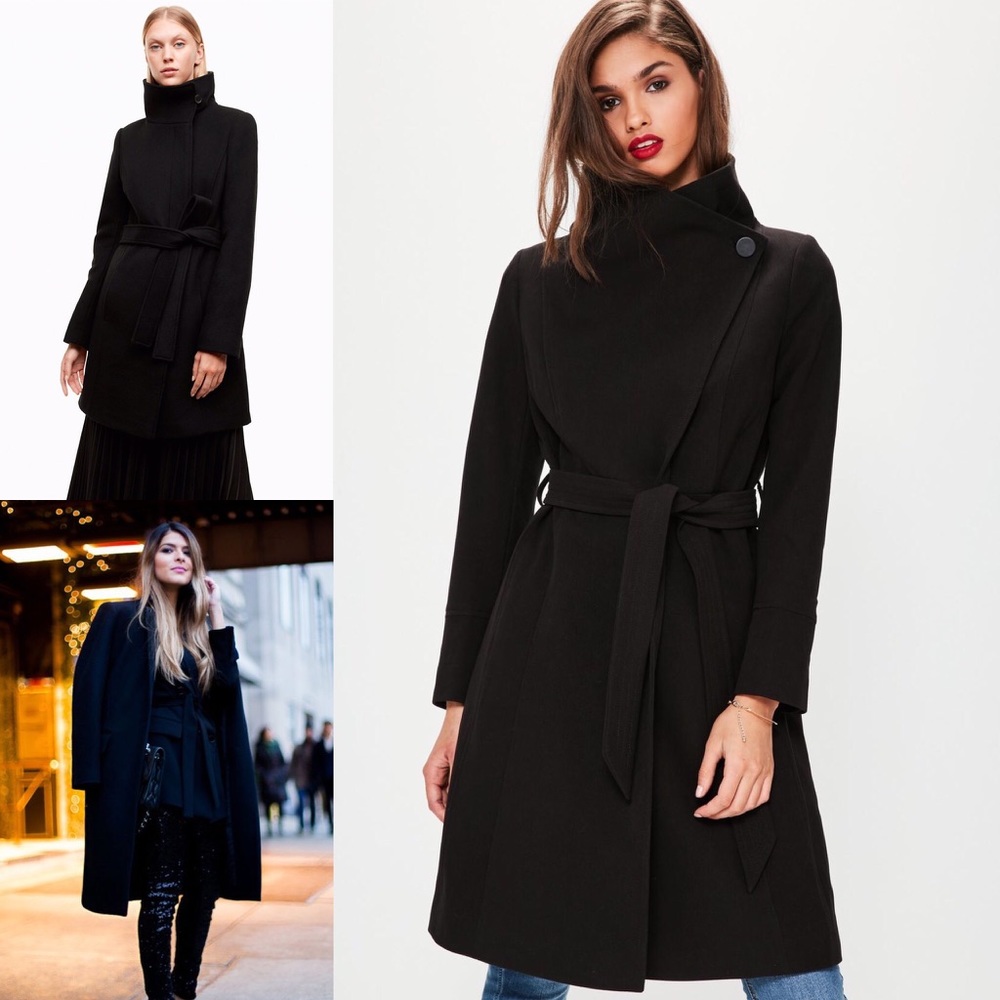 H&M Funnel Neck Belted Wool Coat. Black.