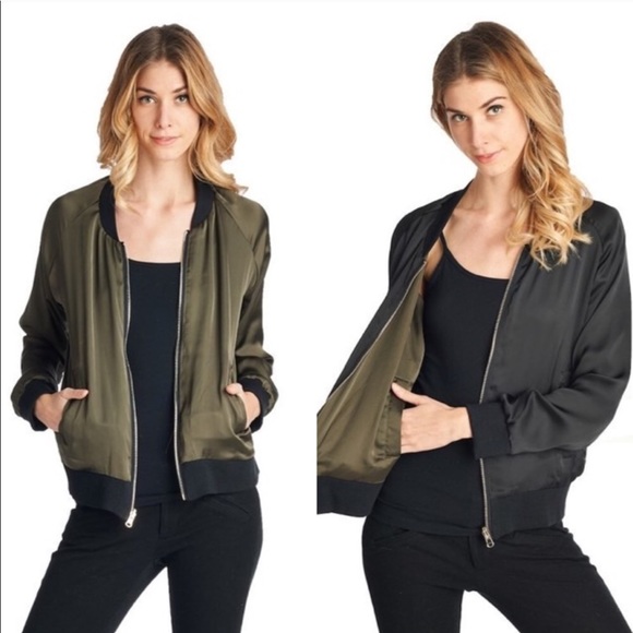 Jackets & Blazers - Reversible Black & Olive Bomber