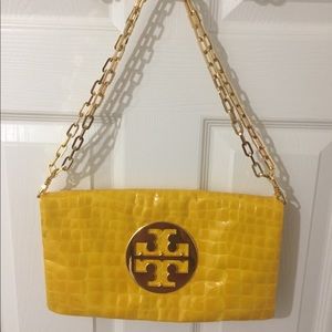 Tory Burch Patent Leather Yellow Croc Clutch