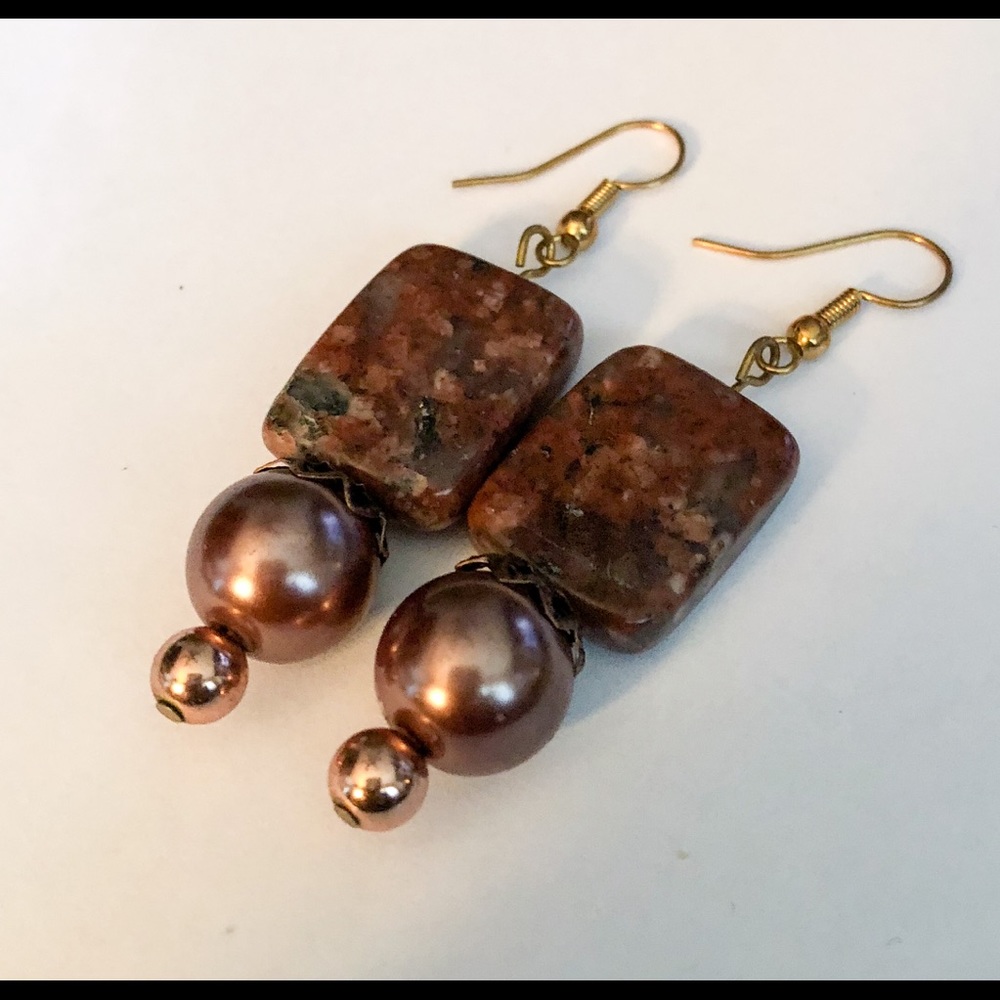 Red Serpentine & Glass Bead Dangle Earrings 2” New