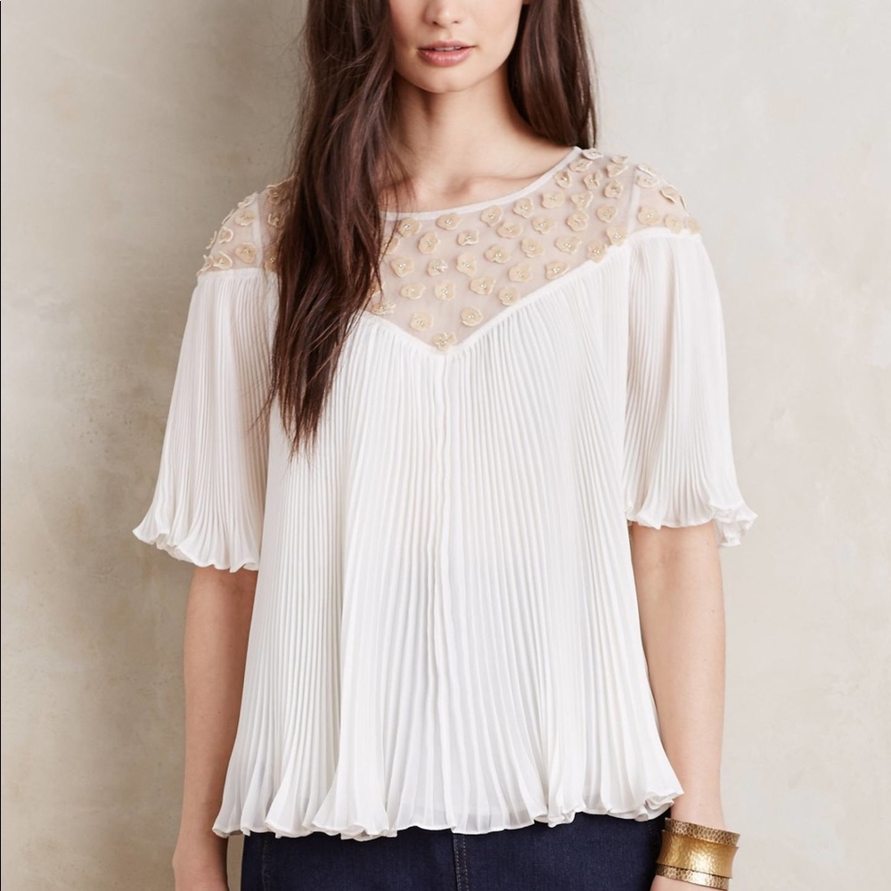 Anthro Pleated/Mesh Petalwork Top