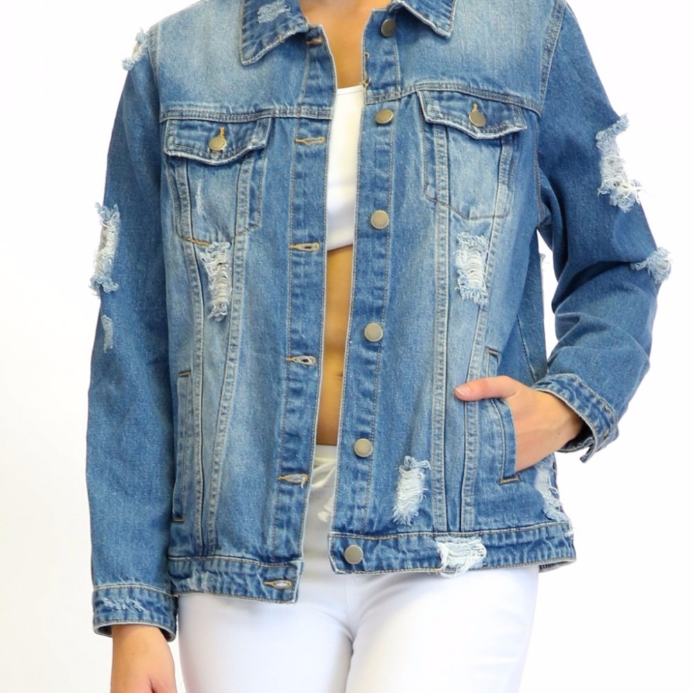 Destroyed Letter Patched Denim Jacket - Picture 4 of 5