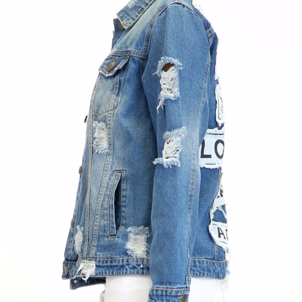 Destroyed Letter Patched Denim Jacket - Picture 2 of 5