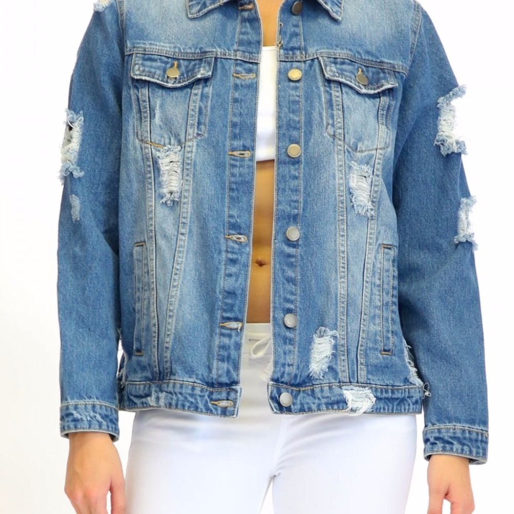 Destroyed Letter Patched Denim Jacket - Picture 3 of 5
