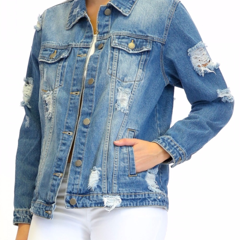 Destroyed Letter Patched Denim Jacket - Picture 5 of 5