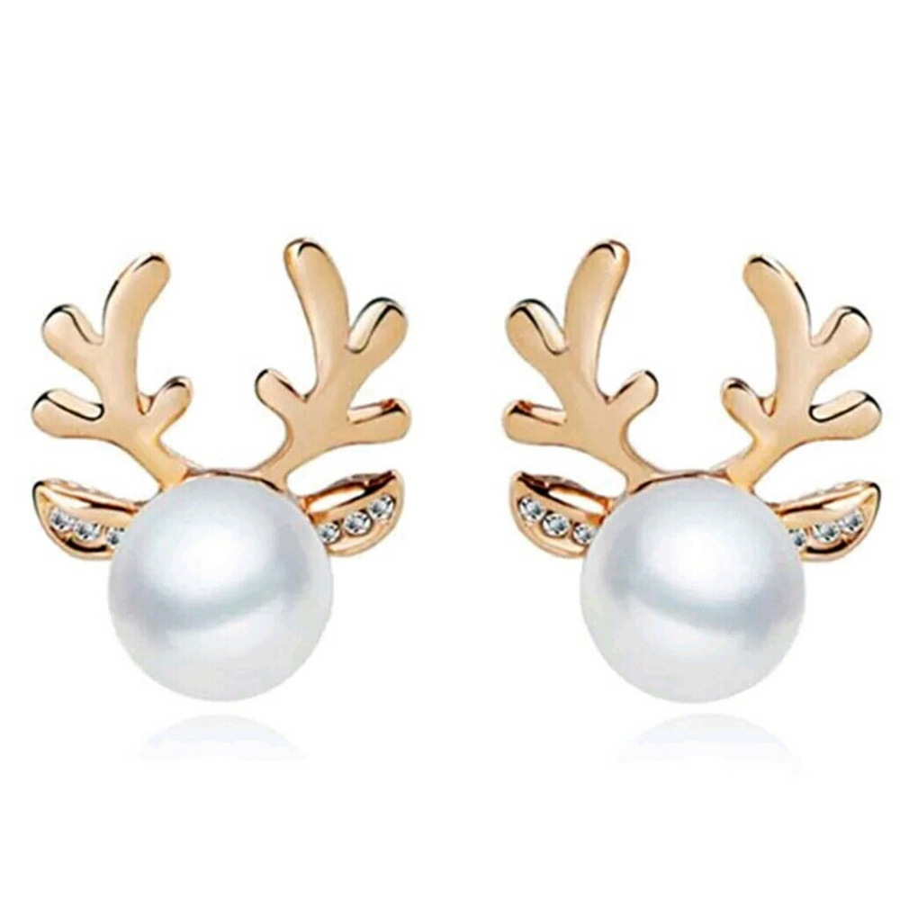 Pearl reindeer christmas earrings stud deer