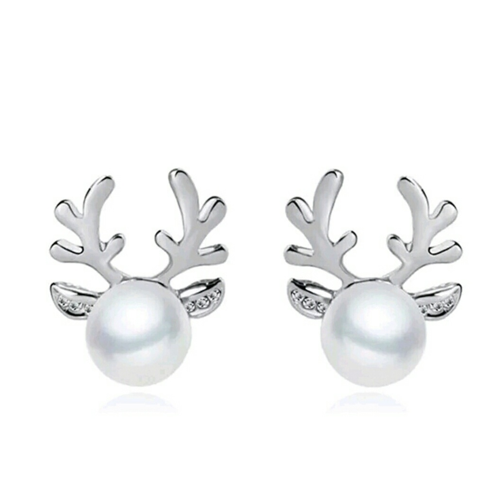 Pearl reindeer christmas earrings stud deer