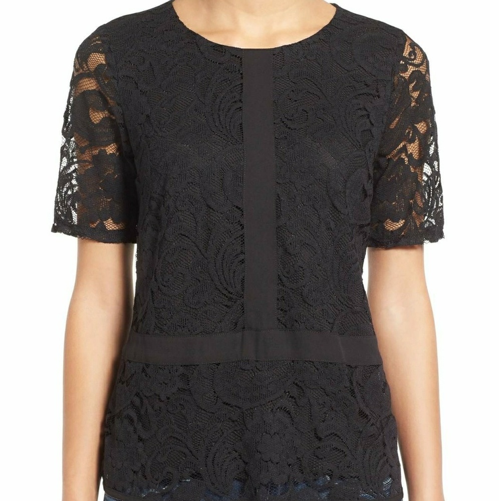 Lace Overlay Short Sleeve Top with zipper