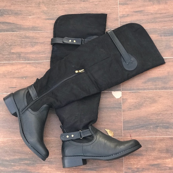 Black Over The Knee Cuff Option Flat Riding Boots - Picture 5 of 8