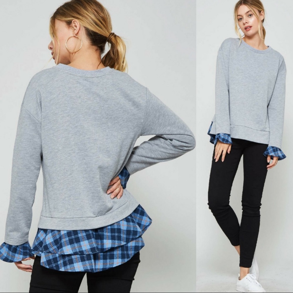 🆕Long Sleeve Contrast Plaid Ruffle Hem