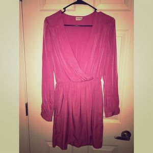 Hot Pink Long Sleeve Deep V Wrapped Dress