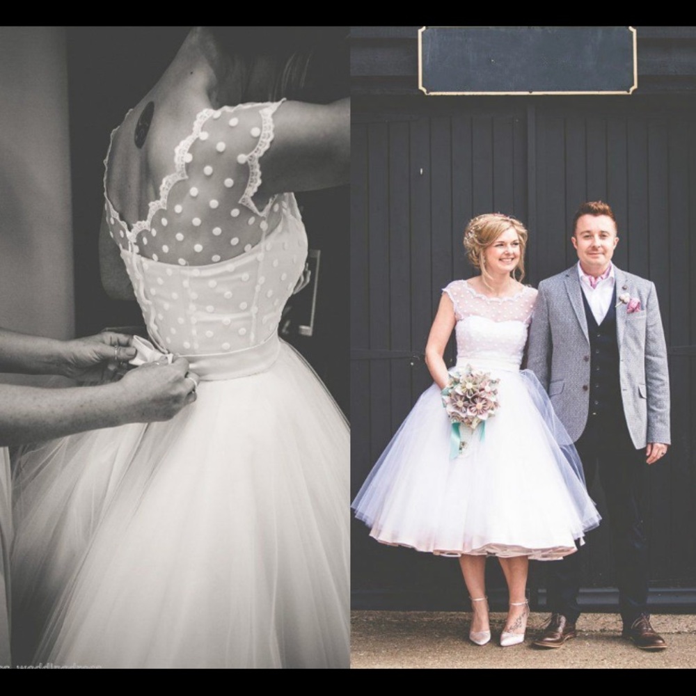 Ivory polka dot wedding dress