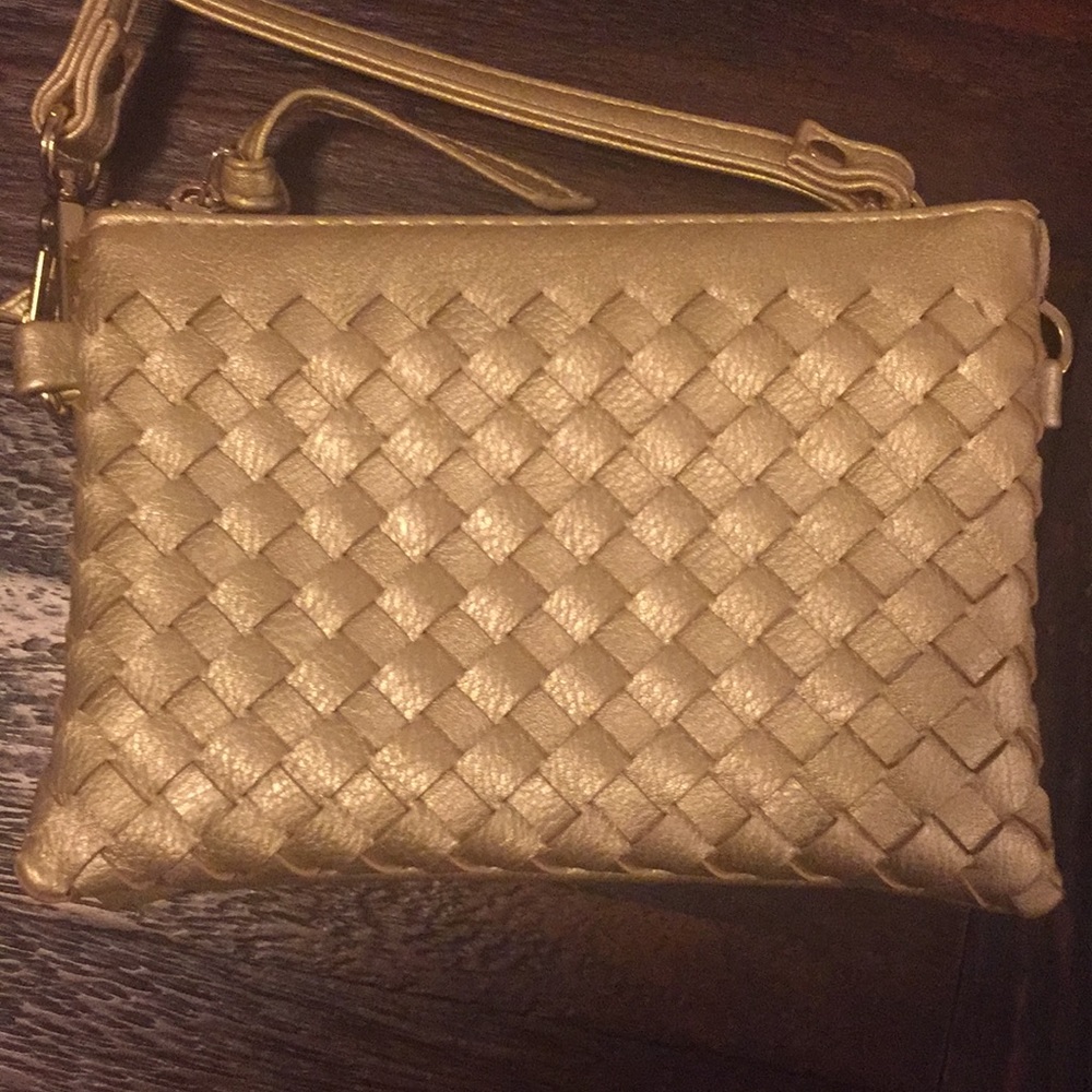 Metallic clutch with removable cross-body strap
