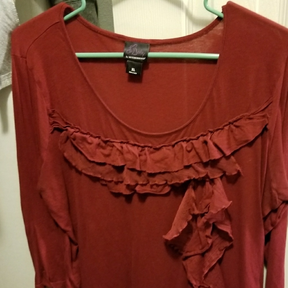 Maroon rouched and ruffled top