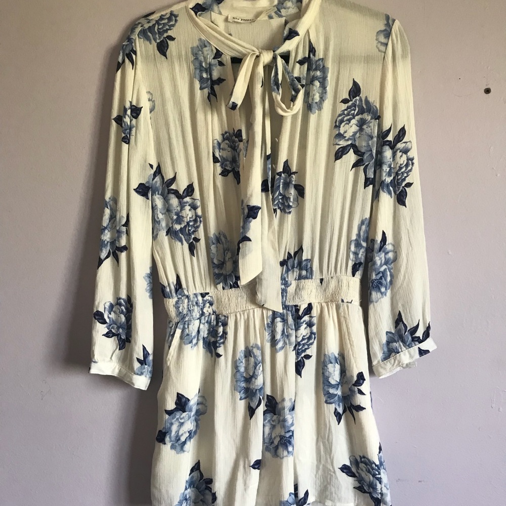off white with blue flower romper
