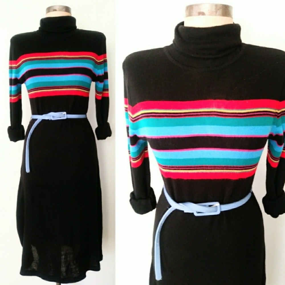 Sold 70s Stripe Turtleneck Sweater Knit Dress